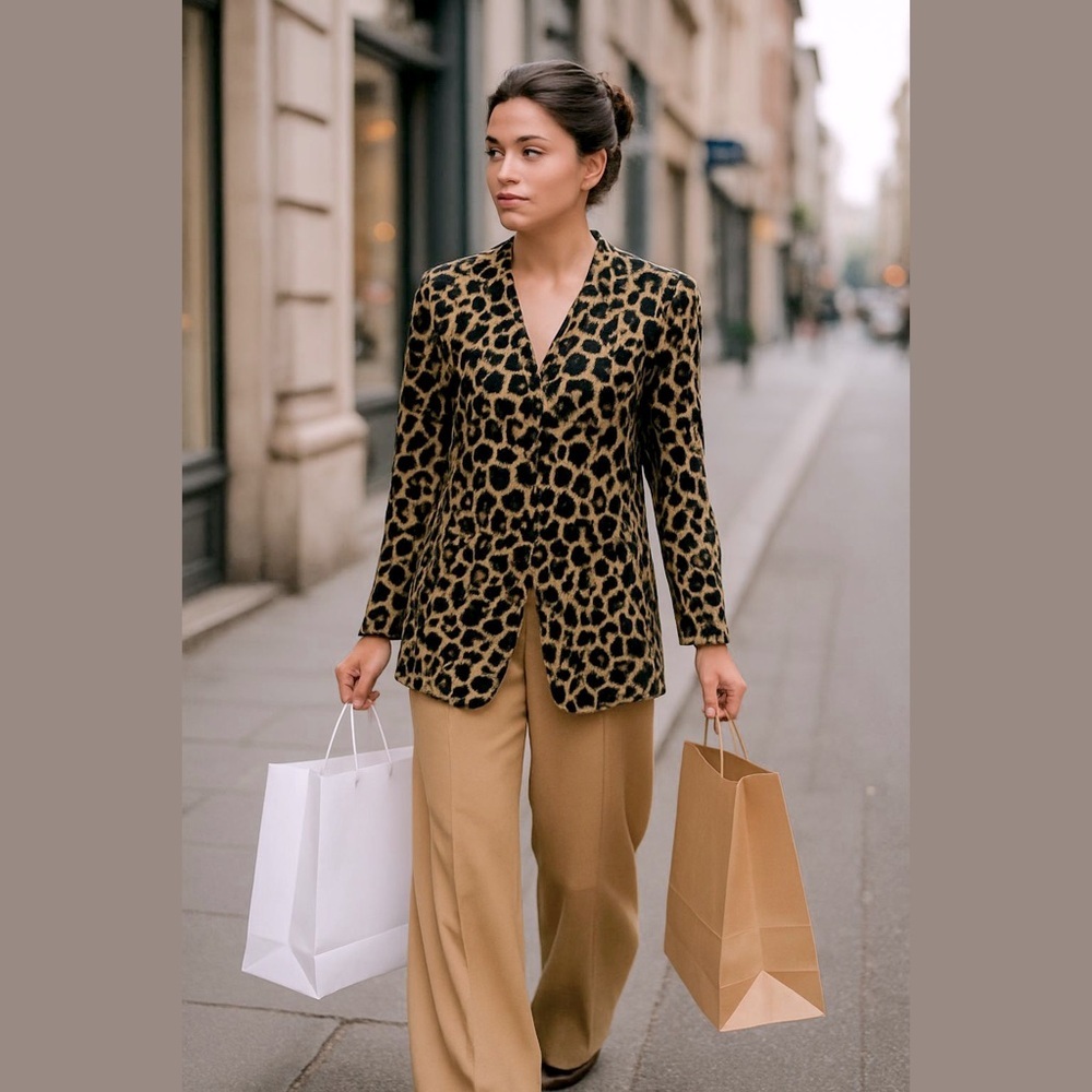 80s LEE WINTER LEOPARD PRINT BLACK & TAN OVERSIZED ONE BUTTON JACKET W POCKETS L